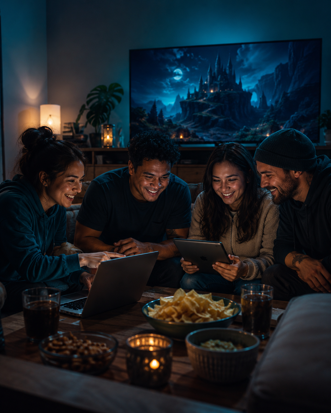 Adults relaxing on a couch with laptops and snacks, playing Mīharo together on game night