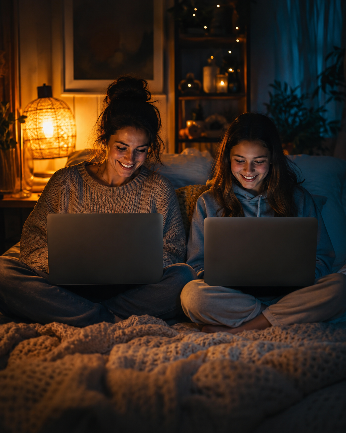 A parent and child each on a laptop, playing Mīharo together from the same room