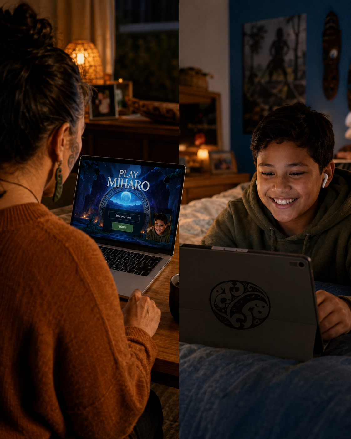 A grandparent and grandchild playing Mīharo remotely from separate homes, each on their own device