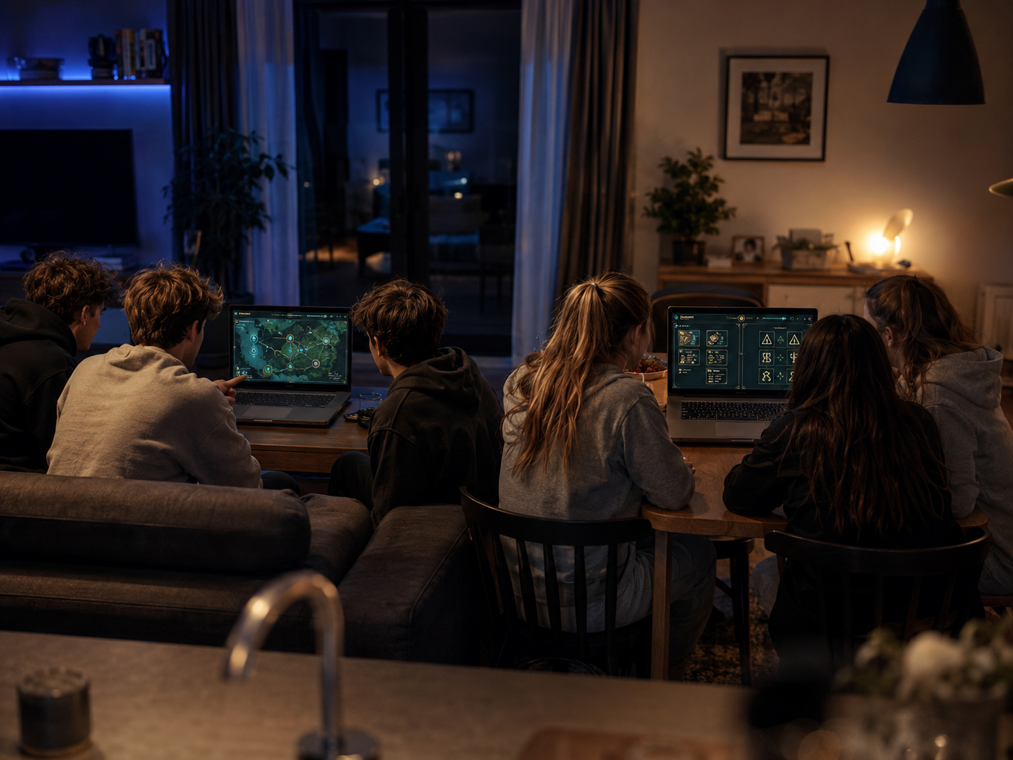 Two teams of teenagers each gathered around a laptop, playing Mīharo in team mode